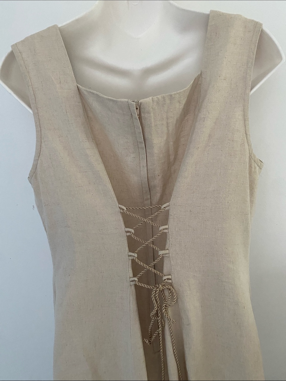 EXCALIBOR LInen Beige Maxi Dress w Black Insert & Lace-Up Panels Size X large - Picture 7 of 16